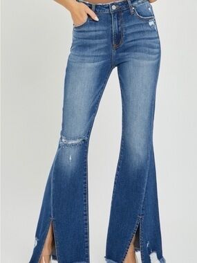 Risen High-Rise Dark Wash Distressed Front Split Frayed Hem Flared Jeans NWT 9